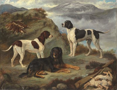 Sherry, Ranger en Glen, drie jachthonden in een landschap door Gourlay Steell