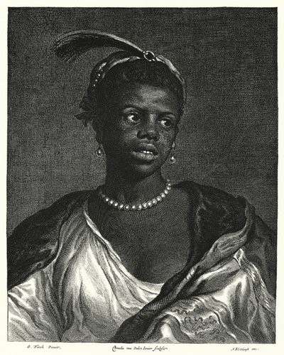 Portret van een zwarte vrouw (gravure) door Govaert (after) Flinck