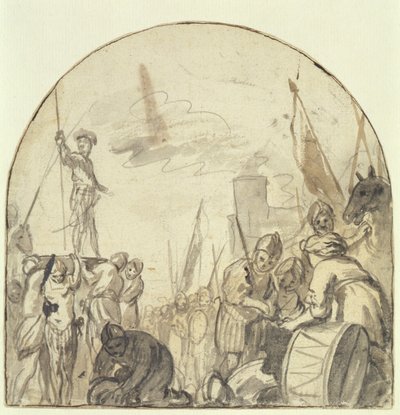 Brinio wordt door zijn krijgers op zijn schild gehesen door Govaert Flinck