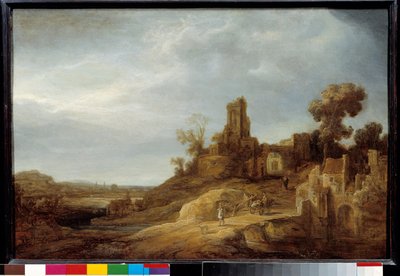 Landschap bij de Brug en de Ruïnes. door Govaert Flinck