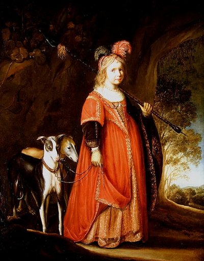 Portret van een jong meisje als Diana, in een open plek met twee windhonden door Govaert Flinck