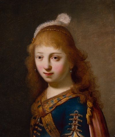Jong meisje met een blauwe jurk en rode cape door Govaert Flinck