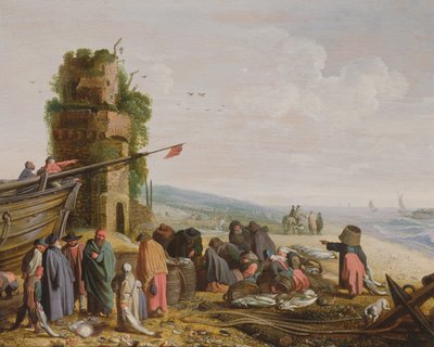 Vissers op het strand met hun vangst door Govaert Jansz