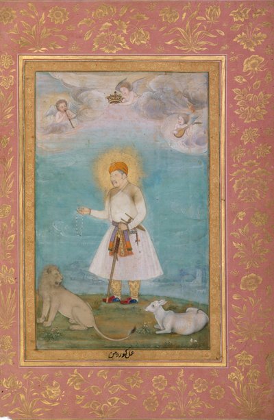 Akbar met leeuw en kalf, folio uit het Shah Jahan-album, verso: ca. 1630, recto: ca. 1530-50 door Govardhan