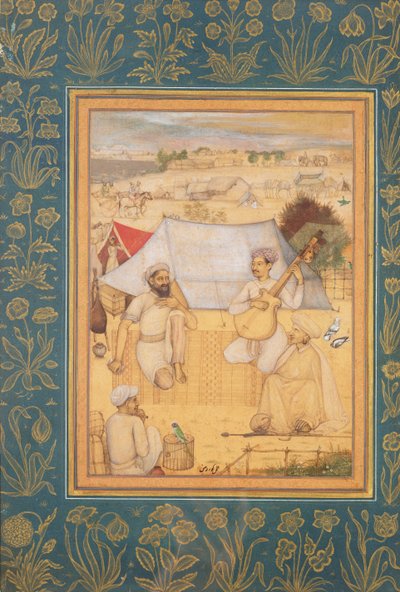 Muzikanten en Zangers Knielen aan de Rand van een Mogolkamp. Een Yogi en een Dienaar Luisteren naar Hen, uit het Minto Album door Govardhan