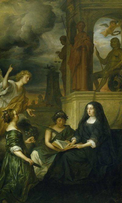 Allegorie op de herinnering aan Frederik Hendrik (1584-1647), Prins van Oranje, met het portret van zijn weduwe Amalia van Solms door Govert Flinck