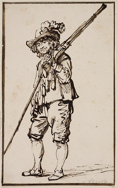 Een staande soldaat met een musket over de schouder door Govert Flinck