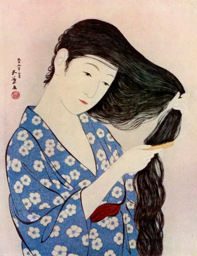 Een Japanse vrouw die haar haar kamt, 1920-1930 door Goyo Hashiguchi