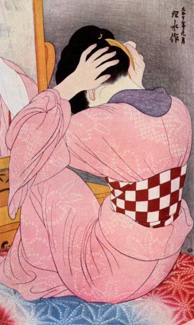 Een Japanse vrouw die haar haar doet, 1920s 1930 door Goyo Hashiguchi