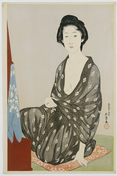 Een Schoonheid in een Zwarte Kimono met Witte Hanabishi Patronen, Zittend voor een Spiegel, 1920 door Goyo Hashiguchi