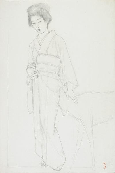 Tekening van een Vrouw die een Hert Aait door Goyo Hashiguchi