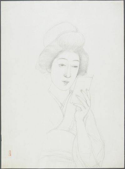 Tekening van een Vrouw die een Spiegel Vasthoudt door Goyo Hashiguchi