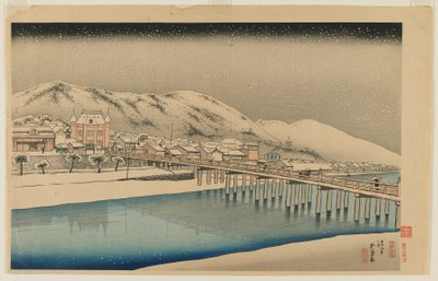 Grote brug bij Sanjo in Kyoto (Kyoto Sanjo Ohashi) Taisho-periode, januari 1920 door Goyo Hashiguchi