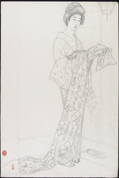 Voorbereidende tekening voor vrouw in kimono-ondergoed door Goyo Hashiguchi