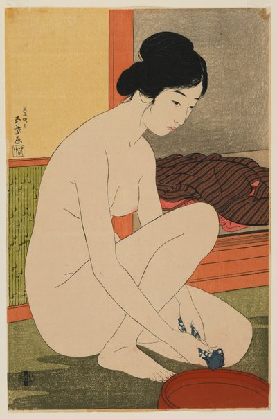 Vrouw Baden, Taisho-periode, oktober 1915 (kleuren houtsnede) door Goyo Hashiguchi