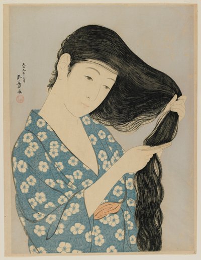 Vrouw die haar haar kamt, Taisho-periode, maart 1920 (kleur houtsnede) door Goyo Hashiguchi