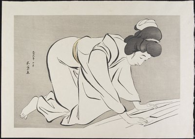 Vrouw die Kimono Vouwt, oktober 1920 door Goyo Hashiguchi
