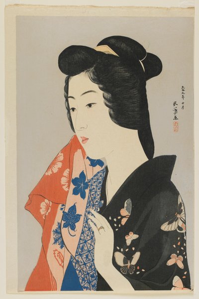 Vrouw die een handdoek vasthoudt, Taisho-periode, oktober 1920 door Goyo Hashiguchi