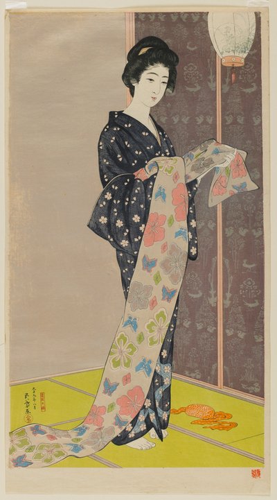 Vrouw in een zomer kimono (Kaso no musume) Taisho-periode, augustus 1920 door Goyo Hashiguchi