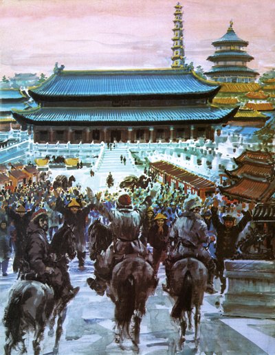 Marco Polo, met zijn vader en oom, nadert het paleis van de Grote Khan, 20e eeuw (litho) door Graham Coton