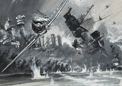 Pearl Harbour, 7 december 1941 (gouache op papier) door Graham Coton