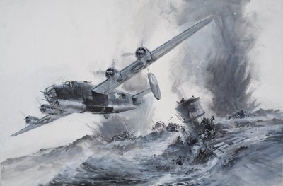 Het zinken van de Laconia in 1942 (gouache op papier) door Graham Coton