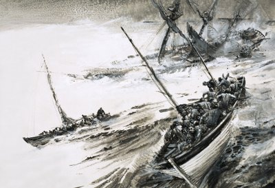 Ongeïdentificeerd scheepswrak met reddingsboten die ontsnappen in stormachtige zeeën door Graham Coton