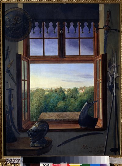 Uitzicht op het Alexanderpark vanuit het raam van de wapenkamer in het paleis in Tsarkoye Selo door Grand Duchess Maria Nikolaevna of Russia