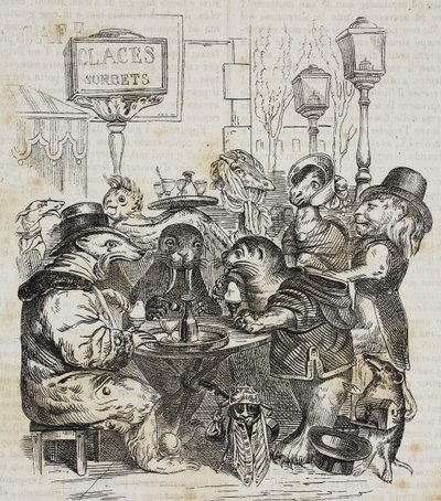 Beesten zittend in ijssalon, lithografie door Giovanni Mariani naar karikatuur van Jean-Jacques Grandville uit Poliorama Pittoresco, nr. 24, 21 januari door Grandville