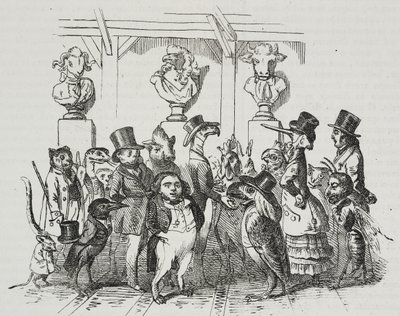 Uitgang van theater, karikatuur door Jean-Jacques Grandville, lithografie door Giovanni Mariani uit Poliorama Pittoresco, nr. 39, 7 mei door Grandville