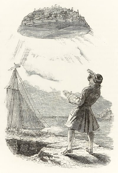 Gulliver ziet het vliegende eiland Laputa voor het eerst, uit 