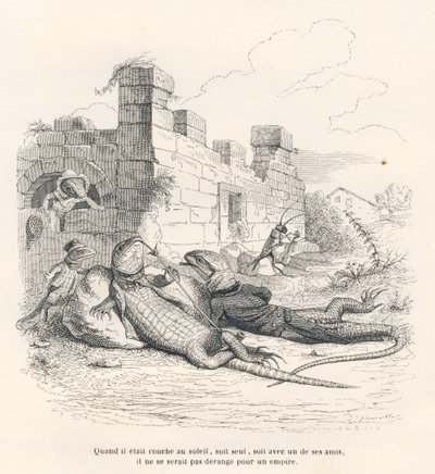 Hagedis rokend in de zon met een van zijn vrienden. Geïllustreerde vignetten door JJ Granville. Gravure gesigneerd Andrew, Best en Leloir in het deel "Herinneringen van een oude kraai" geschreven door PJ Stahl in "Scènes uit het privé- en openbare leven va door Grandville
