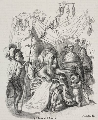 Leeuw van Afrika, karakter uit verhaal van Afrikaanse Leeuw en drie jonge leeuwen, lithografie door Filippo Molino naar tekening van Jean-Jacques Grandville door Grandville