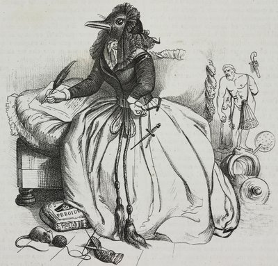 Geleerde vrouw, karikatuur door Jean-Jacques Grandville (1803-1847), lithografie door Giovanni Mariani uit Poliorama Pittoresco, nr. 18, 11 december door Grandville
