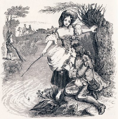 De vissen en de herder die fluit speelt - Fabels van La Fontaine door Grandville