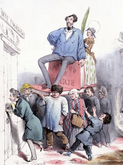 Alfred de Vigny klopt aan de deur van de Academie met zijn volledige werken, en Eugène Sue, zittend op Les mystères de Paris, gekleed in het blauwe canvas paletot van Prins Rodolphe - door Grandville, in Le Charivari van 21/02/1844 door Grandville