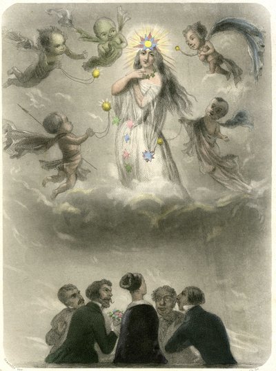 Allegorie van een jonge vrouw omringd door 4 zuchters, die zichzelf vergelijkt met een planeet waar vier satellieten omheen draaien, waarvan er één haar zon zal worden. Grandville gravure ter illustratie van een hoofdstuk in Mery