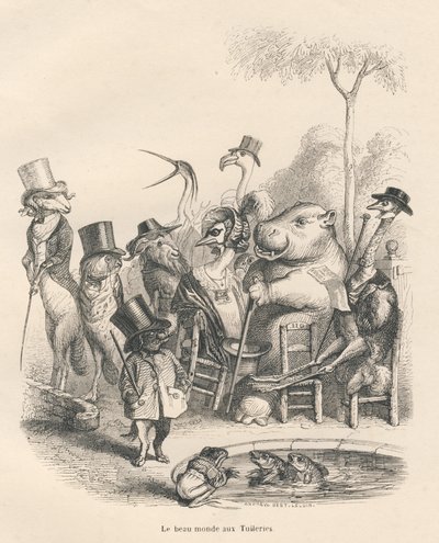 Dieren in elegante kleding wandelen in de Tuilerieën. Vignetten geïllustreerd door JJ Granville. Gravure gesigneerd door Andrew, Best en Leloir in het deel 