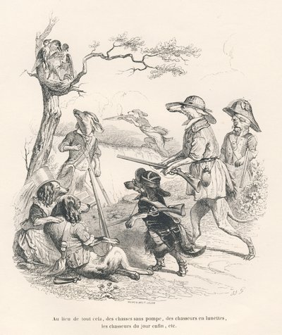 Dieren als jagers. Geïllustreerde vignetten door JJ Granville. Gravure gesigneerd Andrew, Best en Leloir in het deel "Herinneringen van een oude kraai" geschreven door PJ Stahl in "Scènes uit het privé- en openbare leven van dieren". Parijs, J. Hetzel en P door Grandville