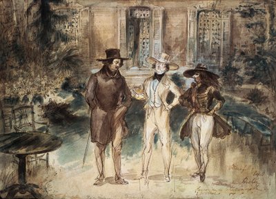 Karikatuur van Honore de Balzac, Frederick Lemaitre en Theophile Gautier door Gerard Granville door Grandville