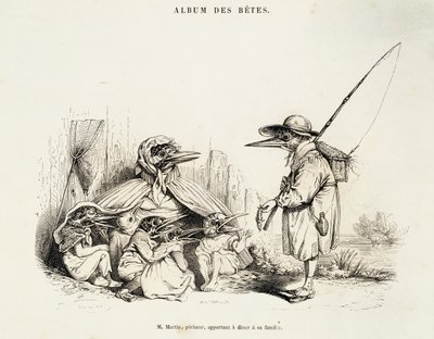 Karikatuur van vogels uit Album des betes door Jean-Ignace-Isidore Gerard, bekend onder pseudoniem Jean-Jacques of J. J. Grandville, en Wilhelm von Kaulbach, Parijs door Grandville