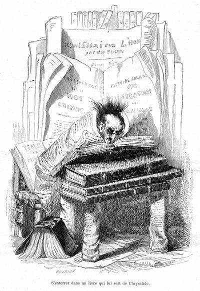Cartoon: Chrysalid van een geleerde begraven in de boeken van een bibliotheek - Grandville gravure, uit het boek Privé en Openbaar Leven van Dieren (Les animaux geschilderd door hen zelf), Hetzel editie 1867 p. 563 - Hoofdstuk getiteld Tabletten van de G door Grandville (1803 47)