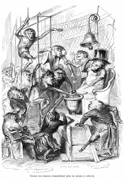 Cartoon: La Chambre des Députés gezien als een Paleis van de Monpes - Gravure door Grandville, uit het boek Privé en Openbaar Leven van Dieren (Les animaux geschilderd door hen zelf), Hetzel editie 1867 p. 566 - Hoofdstuk getiteld Tabletten van de Gira door Grandville (1803 47)