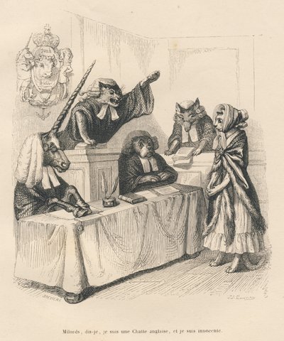 Poes die zich verdedigt in een rechtbank bestaande uit een eenhoorn, een kat, een hond en een wolf. Geïllustreerde vignetten door JJ Granville. Gravure gesigneerd door Breviere in het deel getiteld "Strafrechtelijke zaken van een Engelse poes" geschreven d door Grandville