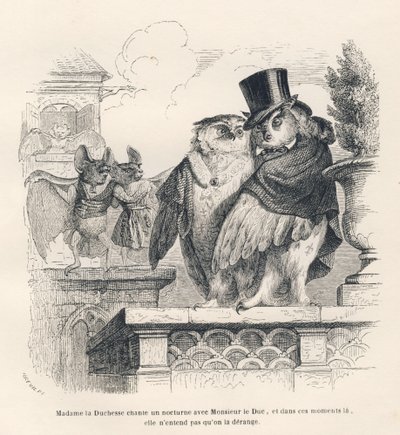 Vleermuis die luistert naar een uil en een oehoe die zingen. Vignetten geïllustreerd door JJ Granville. Gravure gesigneerd Breviere in het deel 