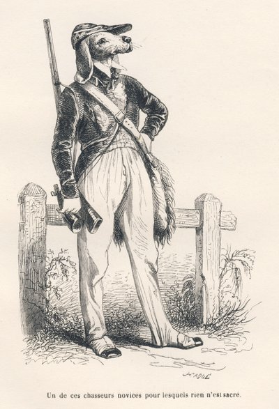 Hond in jachtkleding. Vignetten geïllustreerd door JJ Granville. Gravure gesigneerd Caque in het deel getiteld "Herinneringen van een oude kraai" geschreven door PJ Stahl in "Scènes uit het privé- en openbare leven van dieren". Parijs, J. Hetzel en Paulin door Grandville