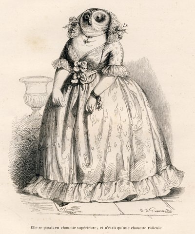 Uil die zichzelf superieur acht maar slechts belachelijk is. Vignetten geïllustreerd door JJ Granville. Gravure gesigneerd Rouget in het deel 