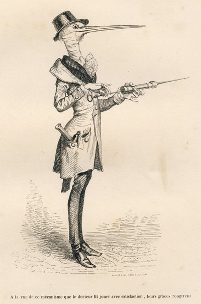 Ooievaar als arts die een klysma toedient door Grandville