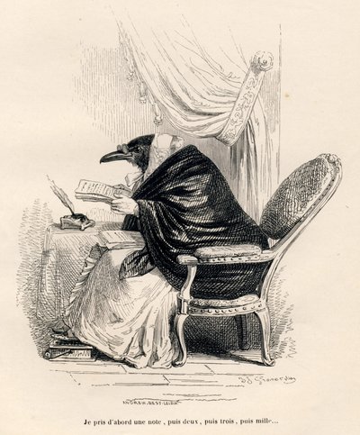 Raaf die schrijft. Vignetten geïllustreerd door JJ Granville. Gravure gesigneerd Andrew, Best en Leloir in het deel 