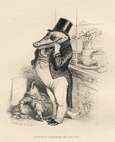 Krokodil gekleed als een dandy met een dikke buik. Vignetten geïllustreerd door JJ Granville. Gravure gesigneerd Breviere in het deel "Herinneringen van een krokodil" geschreven door Emile de La Bedolliere in "Scènes uit het privé- en openbare leven van di door Grandville